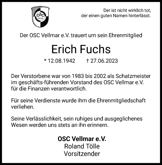Todesanzeige von Erich Fuchs von HNA