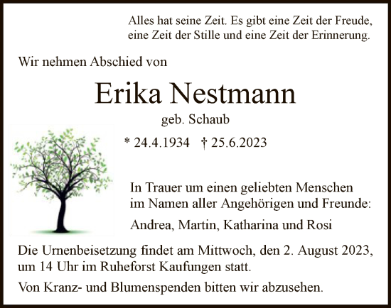 Todesanzeige von Erika Nestmann von HNA