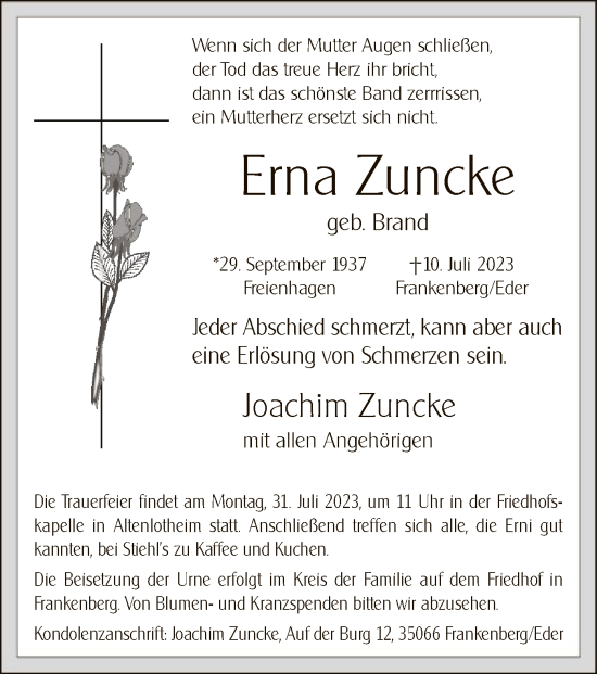 Todesanzeige von Erna Zuncke von HNA