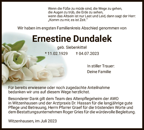 Todesanzeige von Ernestine Dundalek von HNA