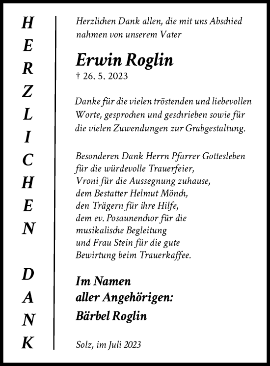 Todesanzeige von Erwin Roglin von HNA