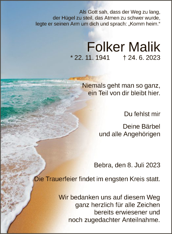 Todesanzeige von Folker Malik von HNA