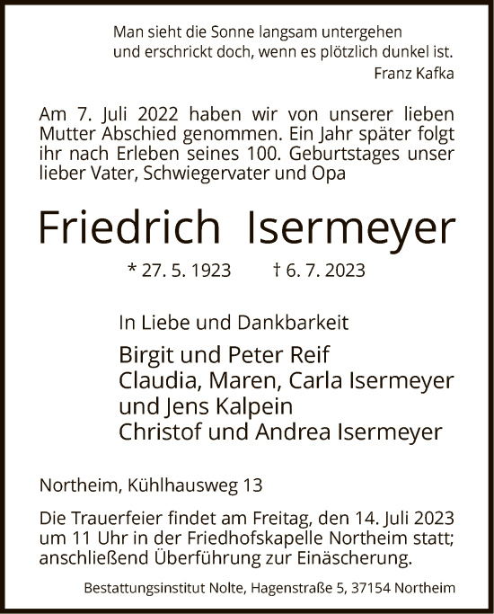 Todesanzeige von Friedrich Isermeyer von HNA