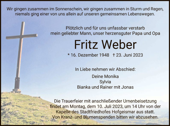 Todesanzeige von Fritz Weber von HNA