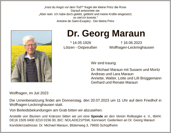 Todesanzeige von Georg Maraun von HNA