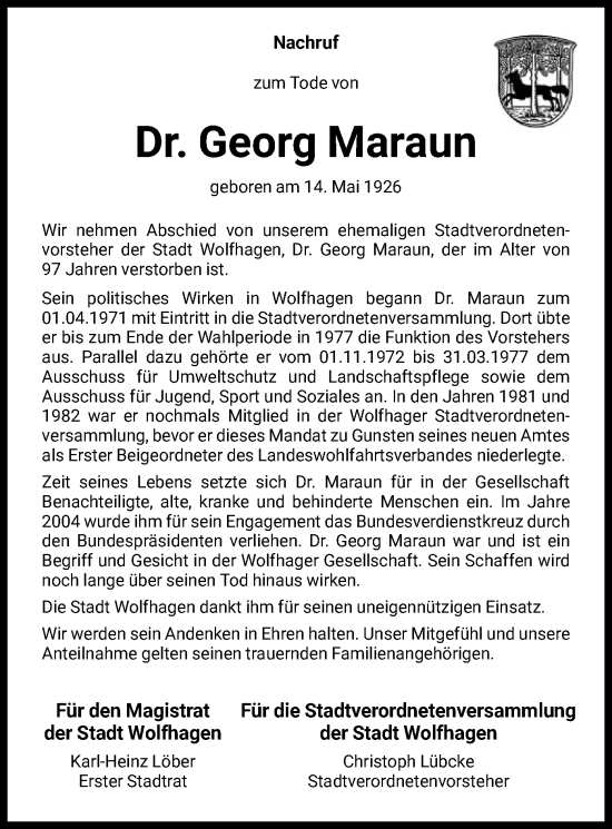 Todesanzeige von Georg Maraun von HNA