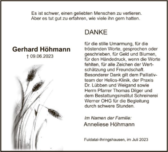 Todesanzeige von Gerhard Höhmann von HNA