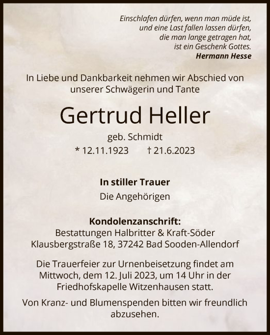 Todesanzeige von Gertrud Heller von HNA