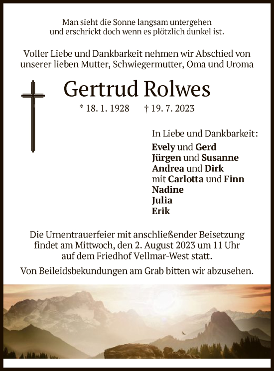 Todesanzeige von Gertrud Rolwes von HNA