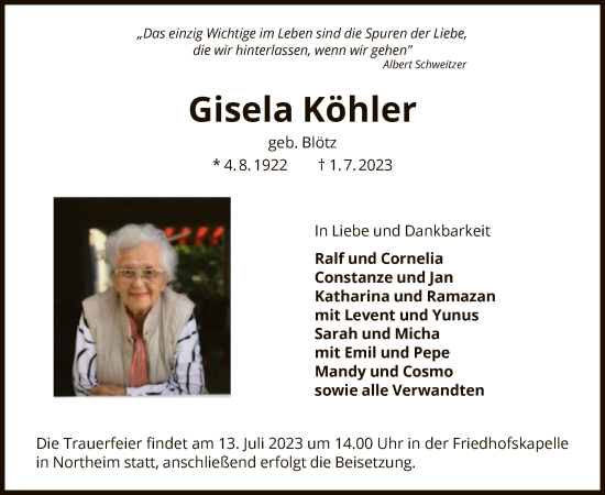 Todesanzeige von Gisela Köhler von HNA