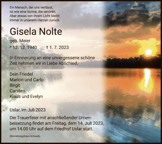 Todesanzeige von Gisela Nolte von HNA