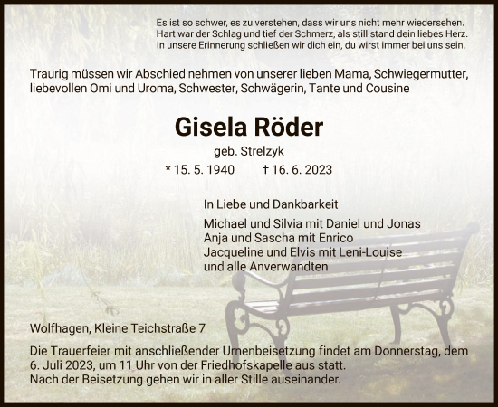 Todesanzeige von Gisela Röder von HNA