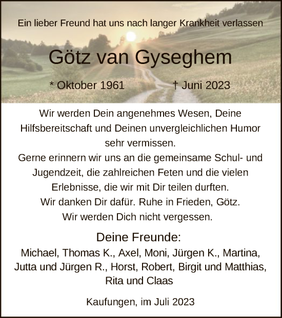 Todesanzeige von Götz van Gyseghem von HNA