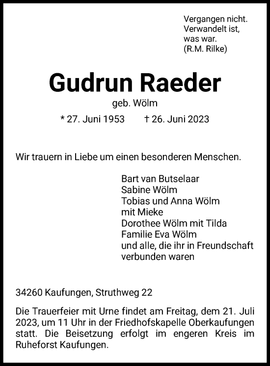 Todesanzeige von Gudrun Raeder von HNA