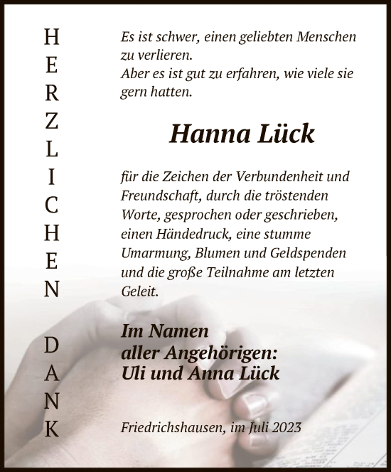 Todesanzeige von Hanna Lück von HNA