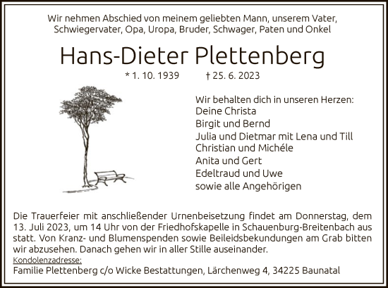 Todesanzeige von Hans-Dieter Plettenberg von HNA