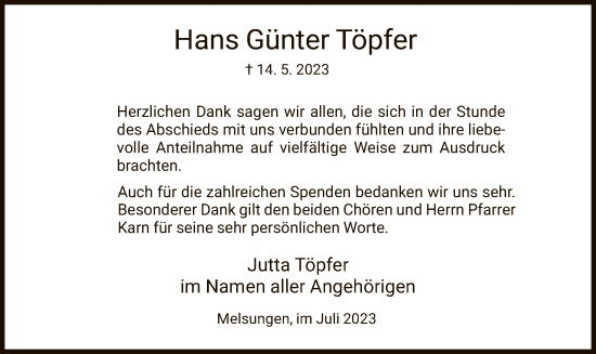 Todesanzeige von Hans Günter von HNA
