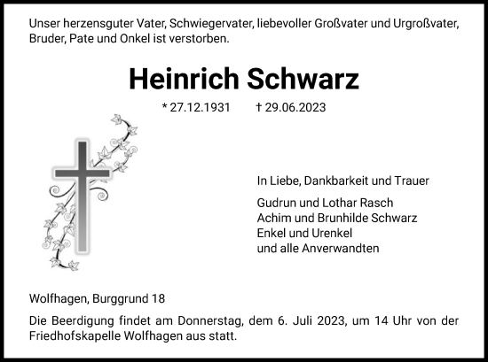 Todesanzeige von Heinrich Schwarz von HNA