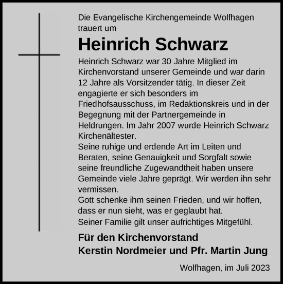 Todesanzeige von Heinrich Schwarz von HNA