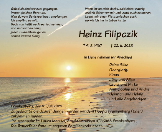 Todesanzeige von Heinz Filipczik von HNA