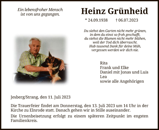 Todesanzeige von Heinz Grünheid von HNA