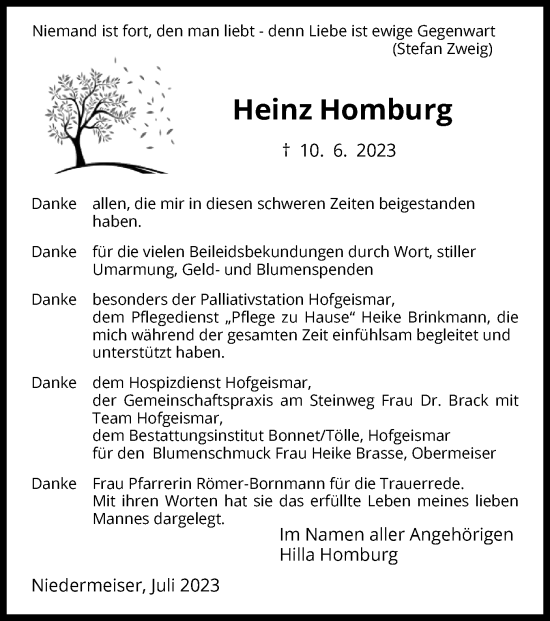 Todesanzeige von Heinz Homburg von HNA