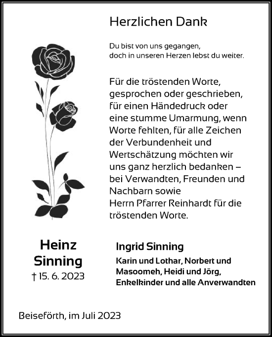 Todesanzeige von Heinz Sinning von HNA
