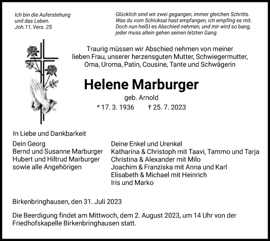 Todesanzeige von Helene Marburger von HNA