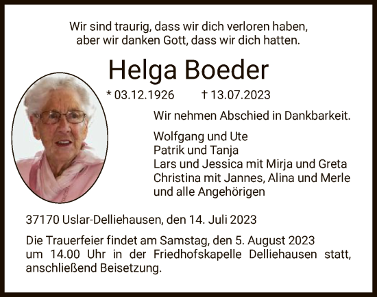 Todesanzeige von Helga Boeder von HNA