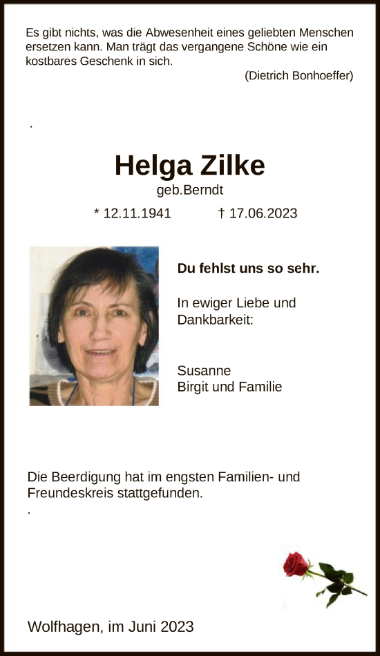 Todesanzeige von Helga Zilke von HNA