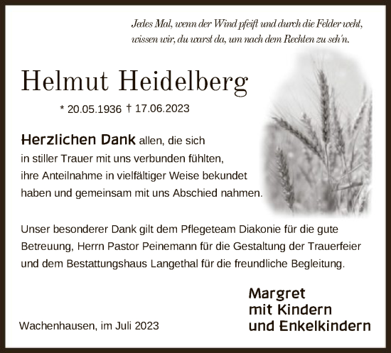 Todesanzeige von Helmut Heidelberg von HNA