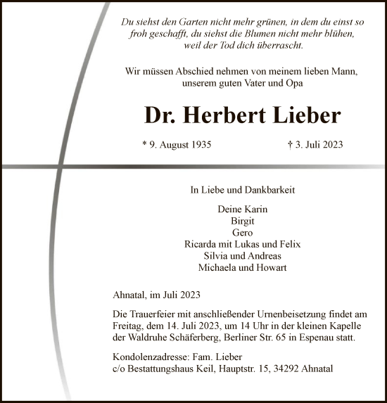 Todesanzeige von Herbert Lieber von HNA
