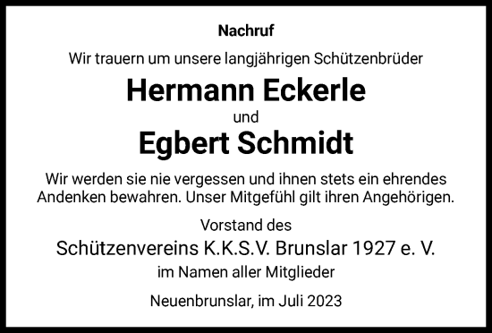 Todesanzeige von Hermann Eckerle und Egbert Schmidt  von HNA