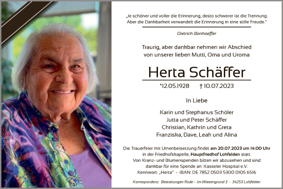 Todesanzeige von Herta Schäffer von HNA