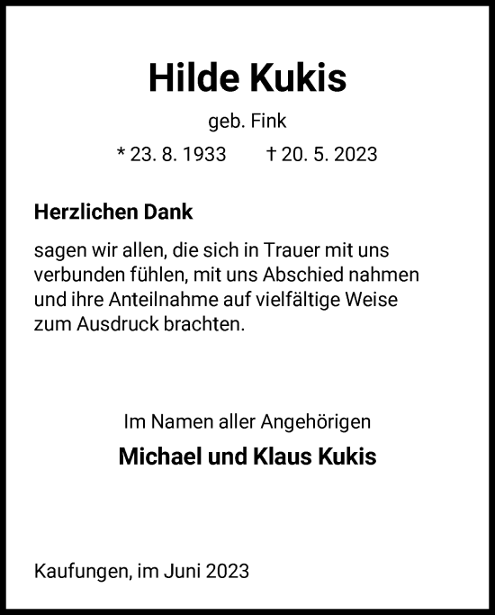 Todesanzeige von Hilde Kukis von HNA
