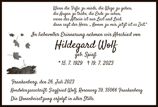 Todesanzeige von Hildegard Wolf von HNA