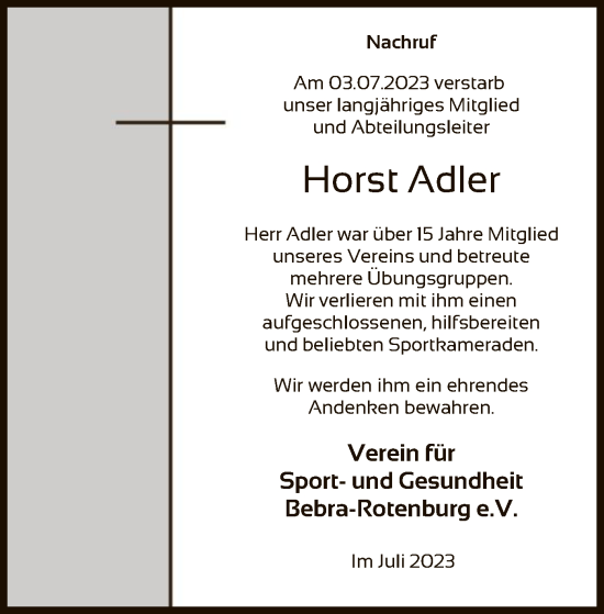 Todesanzeige von Horst Adler von HNA
