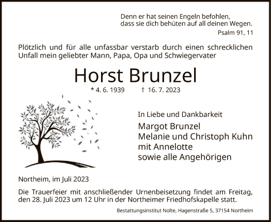 Todesanzeige von Horst Brunzel von HNA