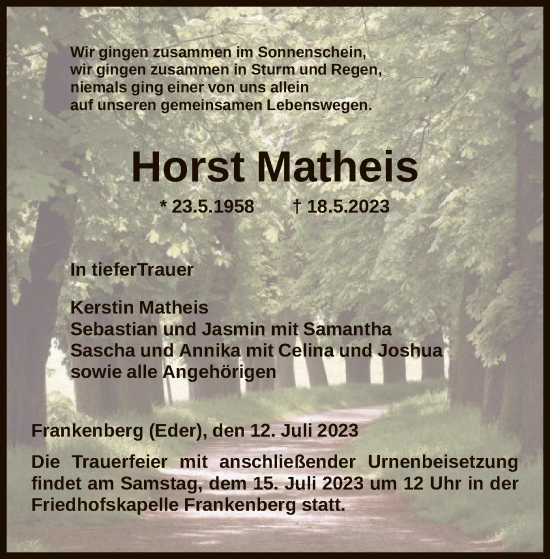 Todesanzeige von Horst Matheis von HNA
