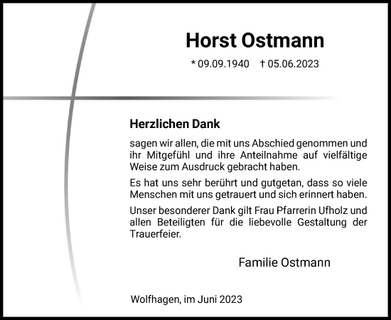 Todesanzeige von Horst Ostmann von HNA