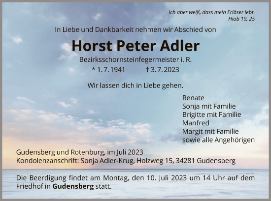 Todesanzeige von Horst Peter Adler von HNA