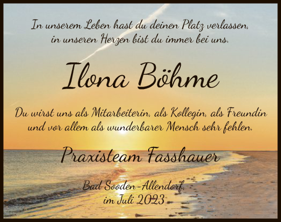 Todesanzeige von Ilona Böhme von HNA