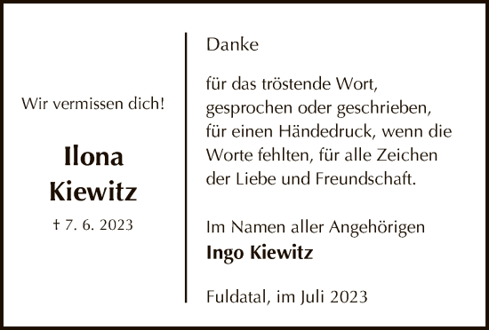 Todesanzeige von Ilona Kiewitz von HNA