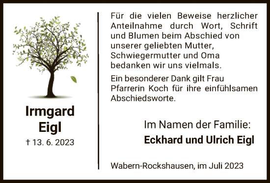 Todesanzeige von Irmgard Eigl von HNA