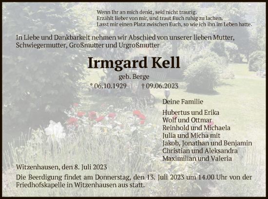 Todesanzeige von Irmgard Kell von HNA