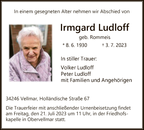 Todesanzeige von Irmgard Ludloff von HNA