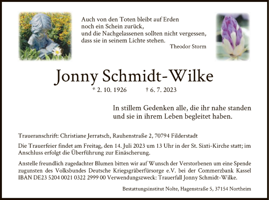 Todesanzeige von Jonny Schmidt-Wilke von HNA