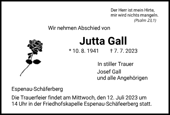 Todesanzeige von Jutta Gall von HNA
