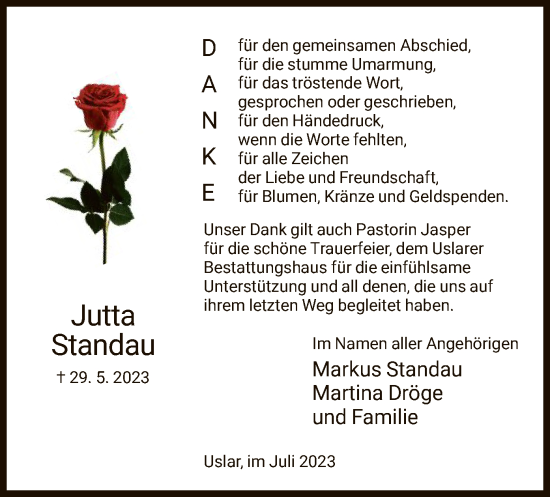 Todesanzeige von Jutta Standau von HNA