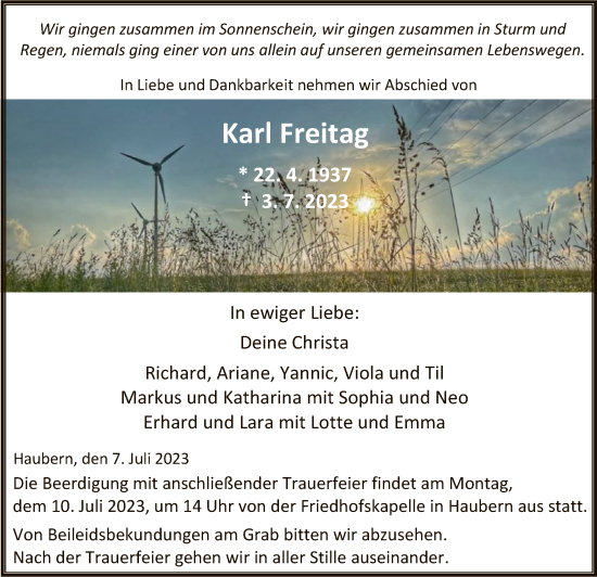 Todesanzeige von Karl Freitag von HNA